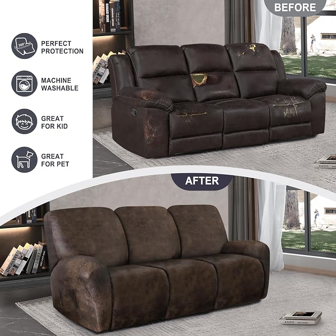 ANARACHON Leather Look Recliner Couch Cover, 8-Pieces Stretch Recliner Sofa - Image 6