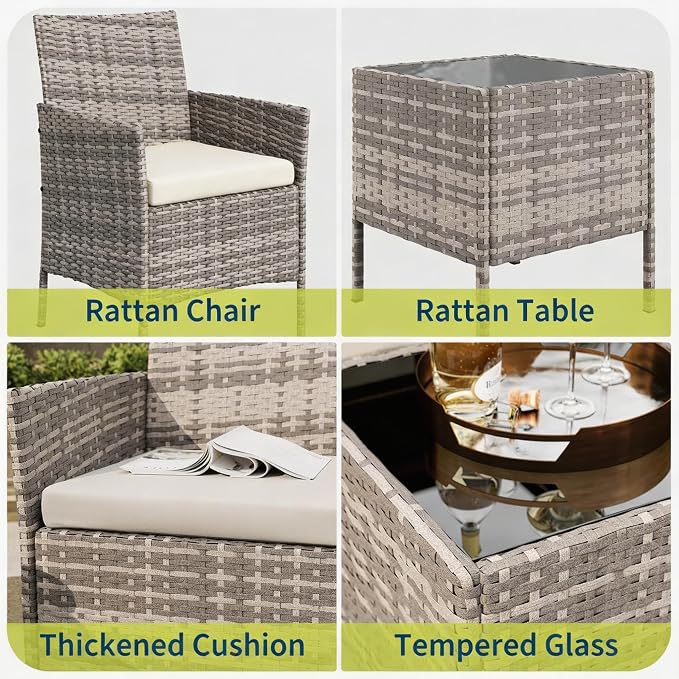 3-Piece Outdoor Furniture Set, PE Rattan Wicker Chairs - Image 6