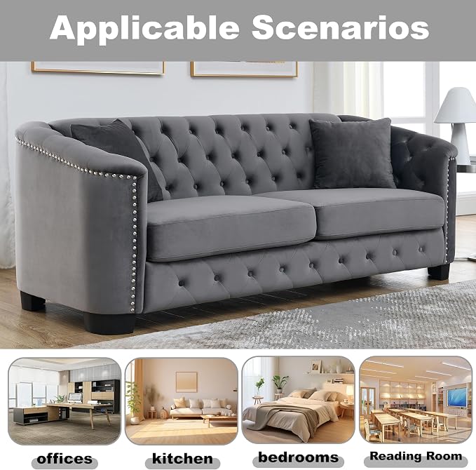 2 Piece Modern Chesterfield Velvet 77" 3-Seater Sofa Set, Upholstered Tufted - Image 3