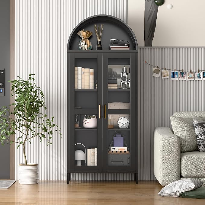73" Black Metal Arched Display Cabinet - Image 8