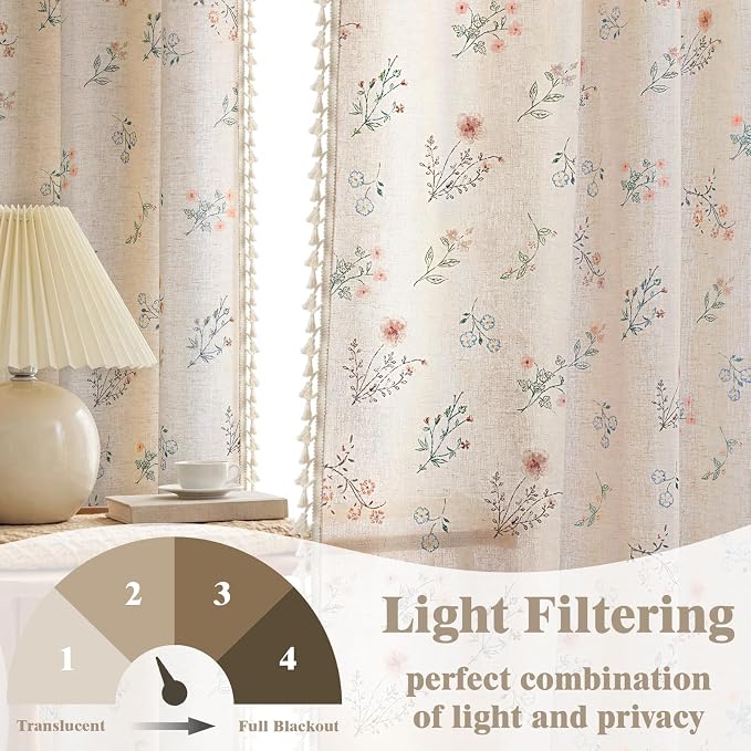 Boho Floral Light Filtering Curtains 63 Inch 2 Panels Linen Texture | Farmhouse - Image 3