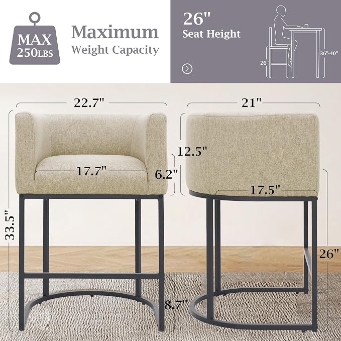 ClinQ 26" H Counter Height Bar Stools Set of 2, Modern Barrel Counter Stools - Image 2