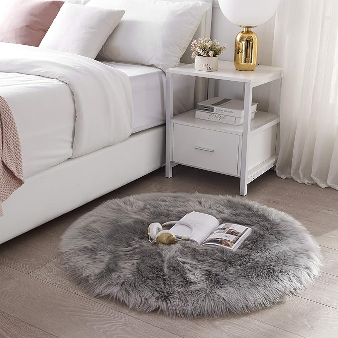 SERISSA 3x3 Fluffy Grey Round Faux Fur Area Rug - Image 2