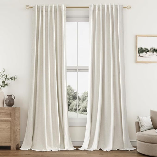 100% Blackout Linen Curtains for Bedroom 95 Inches Long Natural Cream Black Out by Guken