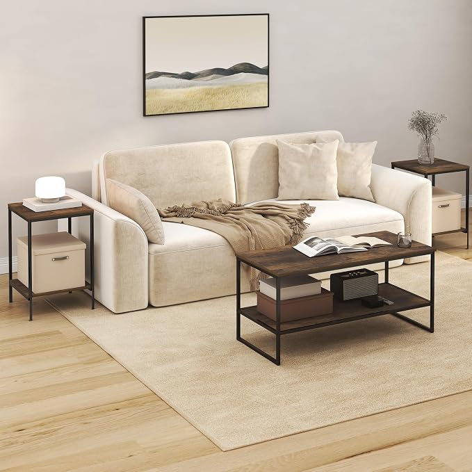 Furinno Simplistic Coffee Table and End Table Set of 3, Modern Metal Frame - Image 2
