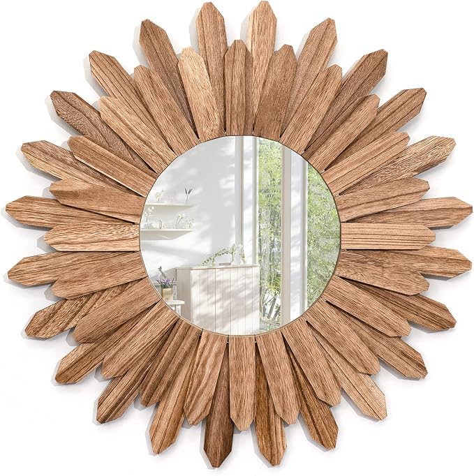 Emfogo Wall Mirror 21 inch Rustic Wood Sunburst Boho Mirror Wall Decor Home by Emfogo