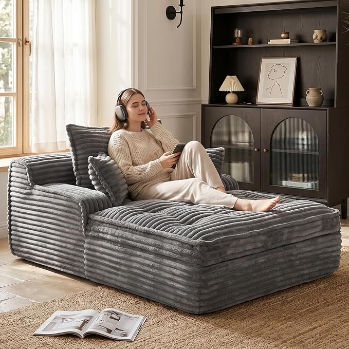 Boneless Chaise Lounge Couch Indoor, Oversized Corduroy Upholstered Sofa Bed - Image 8
