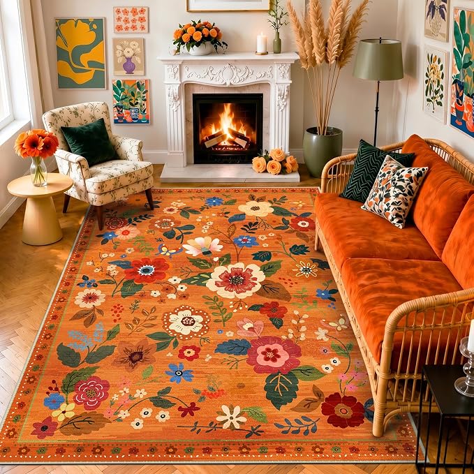 RELEANY Floral Washable 5x7 Area Rugs BurntOrange | Flower Carpet Print Boho by RELEANY