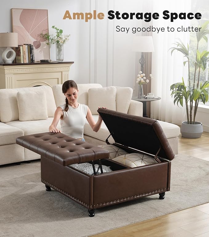 Tbfit Large Square Storage Ottoman Bench, Tufted Upholstered Coffee Table - Image 3