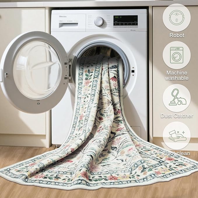 PLHXFR Area Rug Living Room: 3x5 Floral Washable Boho Carpet Green Beige | - Image 8