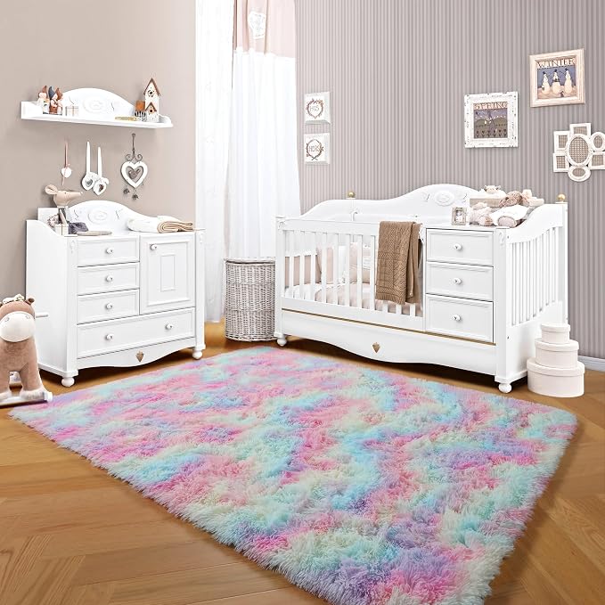 Rainbow Area Rugs for Girls Bedroom, 4x6 Fluffy Bedside Colorful Rug, Cute Soft - Image 8