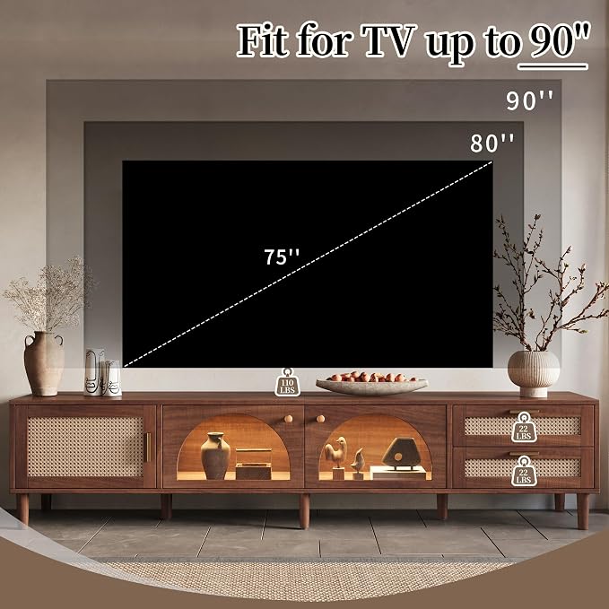 Merax Rattan TV Stand with LED Lights, Solid Wood Feet, Living Room, Bedroom - Image 6