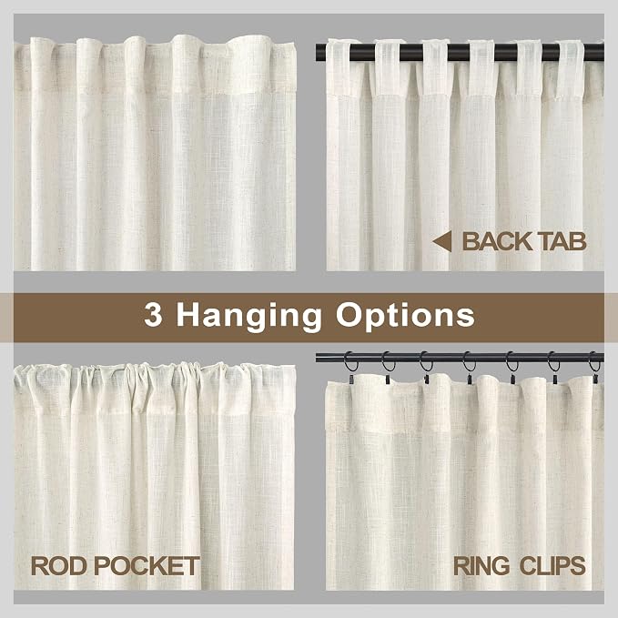Pitalk 60 Inch Length Linen Curtains Cream Ivory Semi Sheer Light Filtering - Image 4