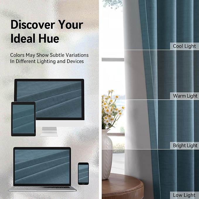 100% Blackout Linen Textured Curtains 90 Inch Long, Stone Blue | 100% Blackout - Image 7