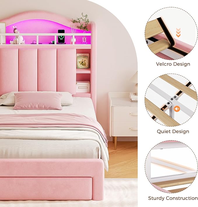 Twin LED Bed Frame with Storage Headboard & 2 Storage Drawers, Princess Velvet - Image 8