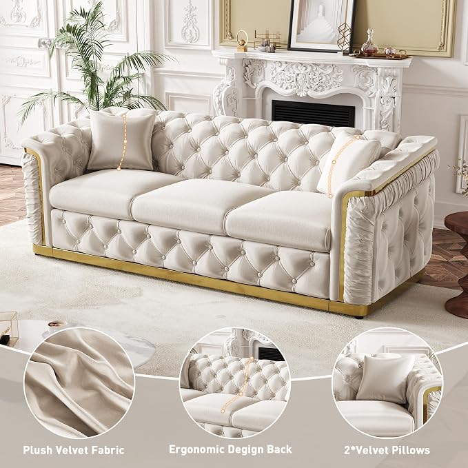 84.6" Luxury Chesterfield Sofa Velvet Tufted Sofa Black and Gold Couch - Image 6