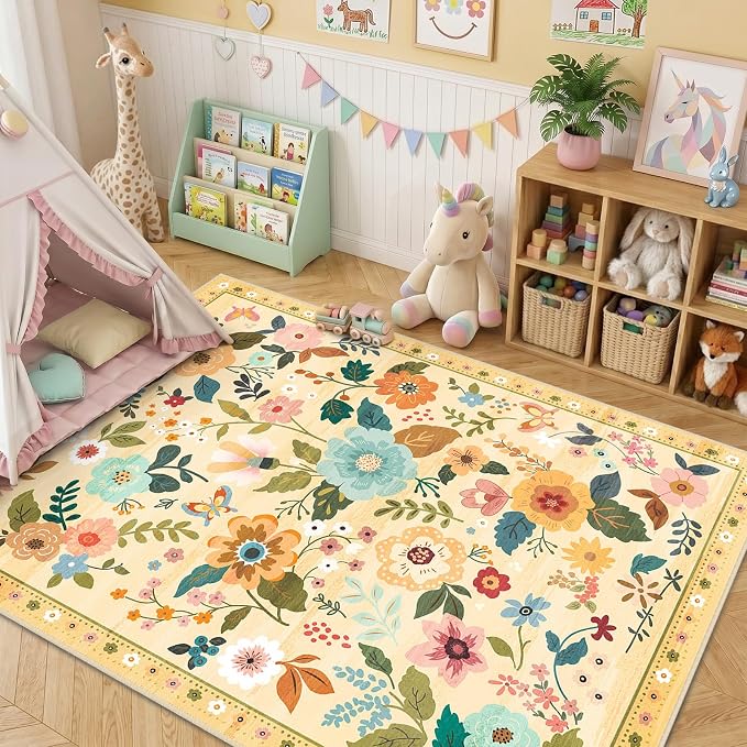 RELEANY Floral Washable 8x10 Area Rugs Ivory/Yellow | Flower Carpet Print Boho - Image 6