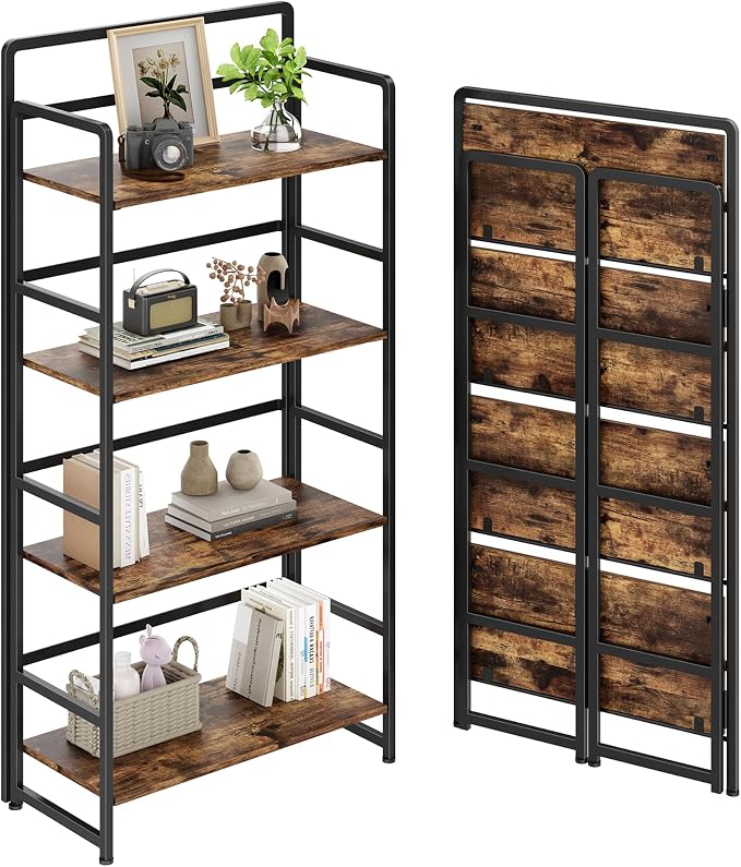 No Assembly Folding Bookshelf, 4 Tiers Collapsible Book Shelf by THKKYHomeOfficeFurniture