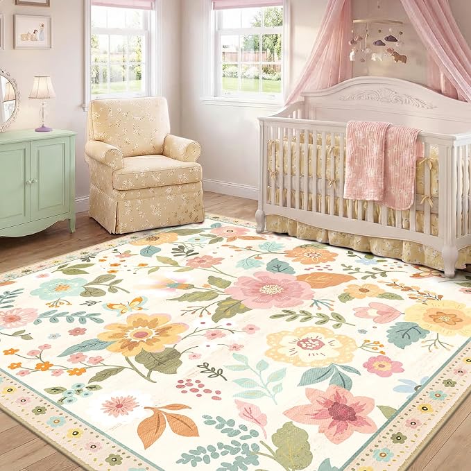 RELEANY Floral Washable Square 8ft Area Rug Beige/White/Orange | Flower Carpet - Image 2
