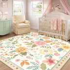 RELEANY Floral Washable Square 8ft Area Rug Beige/White/Orange | Flower Carpet - Image 2