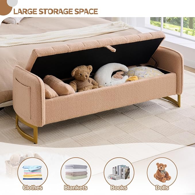 66'' King Size Storage Bench for Bedroom, Teddy Boucle End of Bed Benches for - Image 3