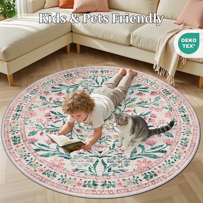PLHXFR Round Area Rug Living Room: 6 ft Floral Washable Carpet Pink Green | - Image 8