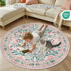 PLHXFR Round Area Rug Living Room: 6 ft Floral Washable Carpet Pink Green | - Image 8
