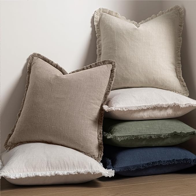 MIULEE Linen Fringe Decorative Fall Euro Throw Pillow Covers Dune 26x26 | Set - Image 5
