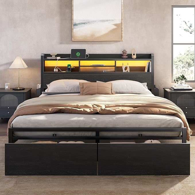 Furnulem King Bed Frame with Wood Headboard & Storage Drawers, Metal Platform by Furnulem
