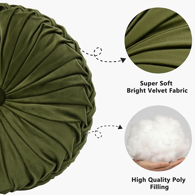 HIG Set of 2 Olive Velvet Decorative Round Pleated Throw Pillows | Vintage - Image 2