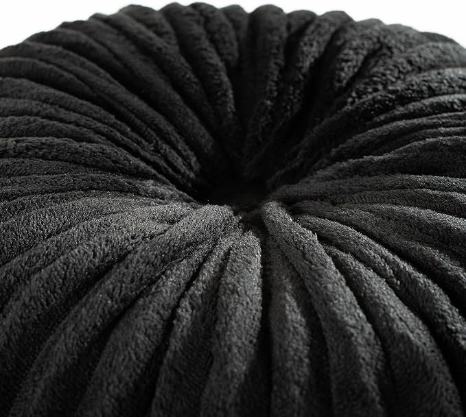 HIG Set of 2 Black Flannel Decorative Round Pleated Throw Pillows | Vintage - Image 2