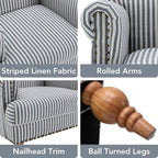 Blue Striped Linen Fabric Accent Chairs Set of 2, Coastal Upholstered Armchairs - Image 3