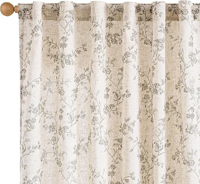Grey Vintage Floral Linen Curtains Farmhouse 50W X 63L 2 Panels | Elisa Series by Lazzzy