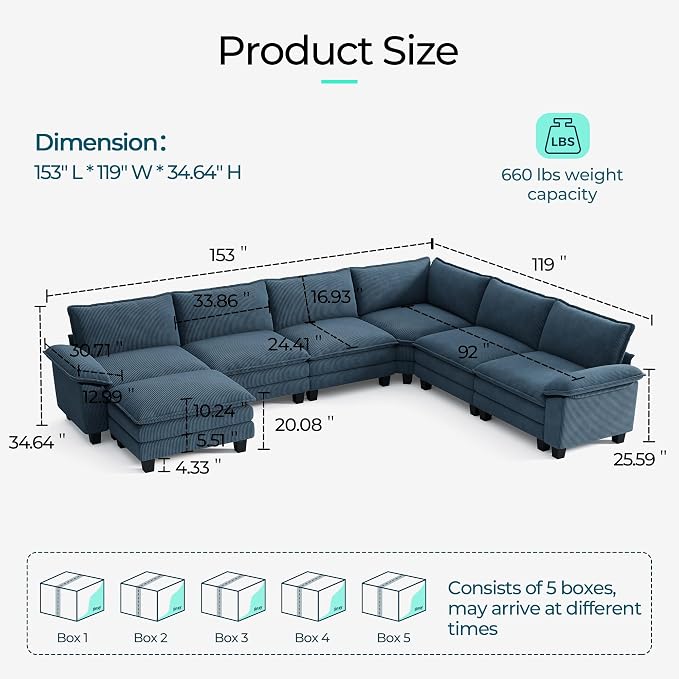 LINSY HOME Modular Sectional Sofa, 6-Seat Corduroy Modern Cloud Couch - Image 2
