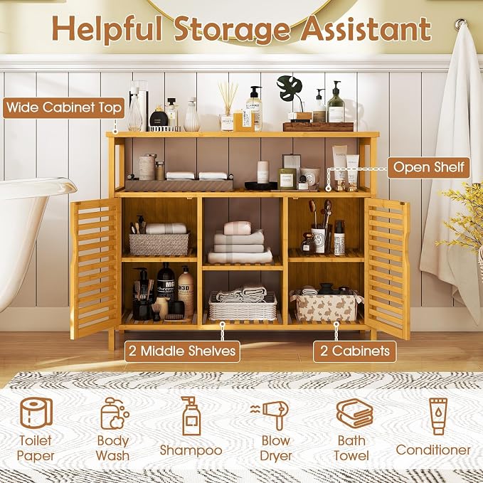 Giantex Bamboo Bathroom Storage Cabinet, 2-Door Storage Organizer - Image 4