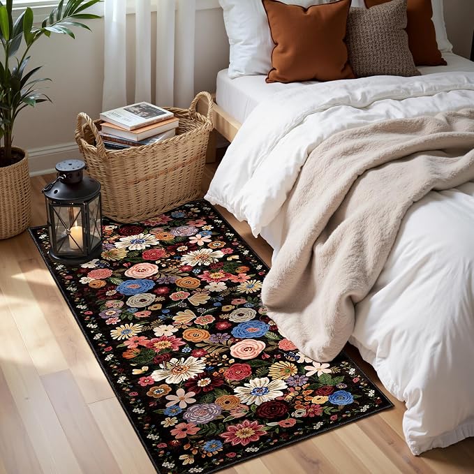 Black Brown Floral Hallway Runner Rug 2x5 - Image 2