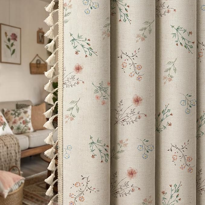 Boho Floral 100% Blackout Curtains 96 Inch 2 Panels Linen Texture | Farmhouse - Image 7