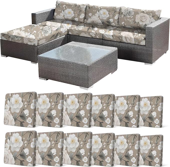 CALBODE 12Pcs Stretch Patio Cushion Cover, Vintage Floral Printed Couch & Sofa by CALBODE