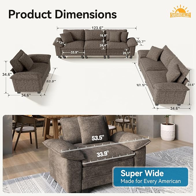 SUNSHINE VALLEY 3 Piece Living Room Sofa Furniture Set, Chenille Modular - Image 9