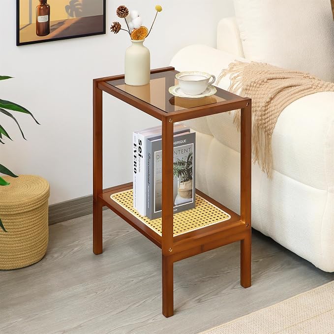 2-Tier Bamboo Side Table, Modern Glasstop Rattan Side Table, Mid Century Wood by MordchilHF