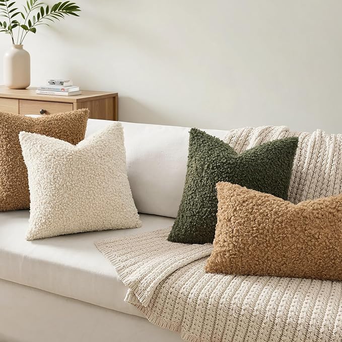 Faux Fur Throw Pillow Covers 20x20 Inch Set of 2 Boucle Neutral Decorative - Image 2