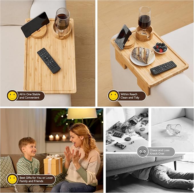 GEHE Real Bamboo Couch Armrest Table, 15.4"x9.8" Couch Arm Tray Table, 3 in 1 - Image 7