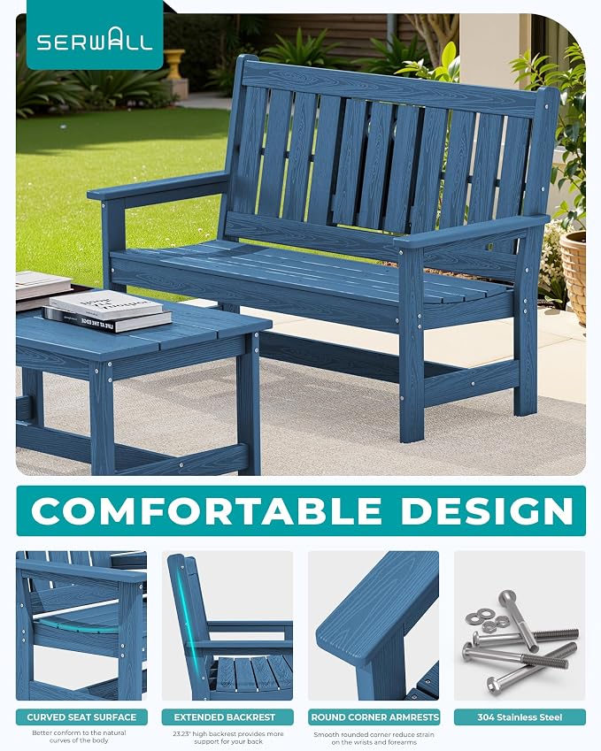 SERWALL Outdoor Bench with Cup Holder, Oversized 58" HDPE Porch Bench Suitable - Image 5