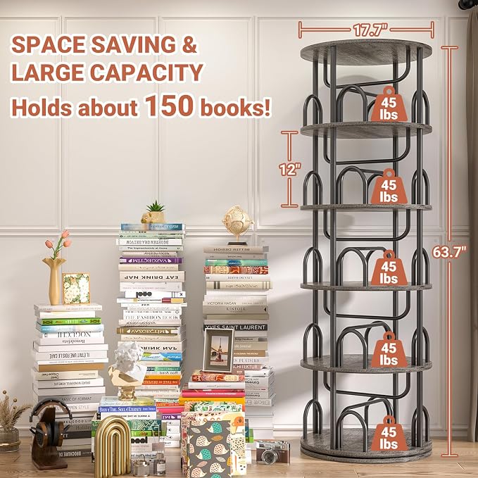Aheaplus 5 Tier Rotating Bookshelf Tower, 360 Display Spinning Bookcase - Image 2