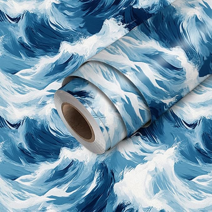 HOMETITUTE Blue Wave Pattern Wallpaper Peel and Stick Self Adhesive Vinyl Wall by HOMETITUTE
