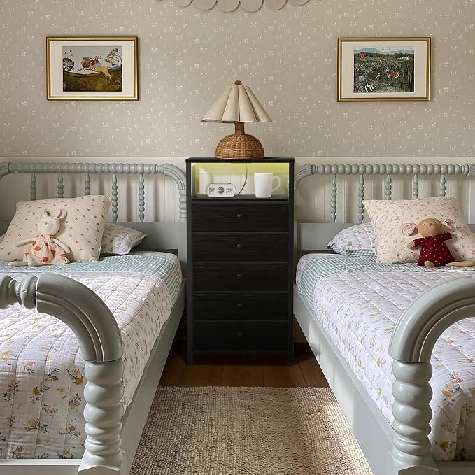 BOLUO Black Dresser with 5 Drawers Tall Nightstand with Charging Station and - Image 7