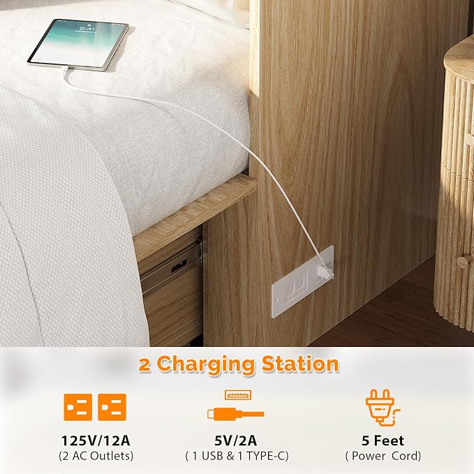 VINGLI Queen Murphy Bed with Storage Drawer, 2 Charging Station, Fluted Wooden - Image 4
