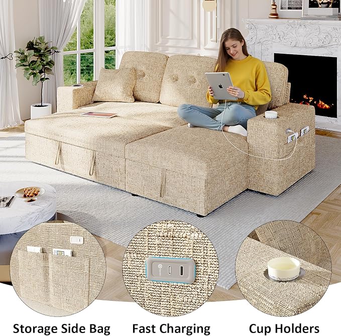 90 Inch Modular Sectional Sleeper Sofa Bed, 4 in 1 Pull Out Couch Bed - Image 5