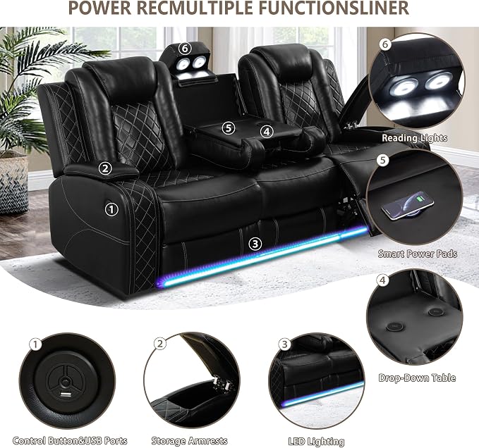 Power Recliner Sofa Set with LED, Air Leather Reclining Sofa Set, 3 Piece - Image 5