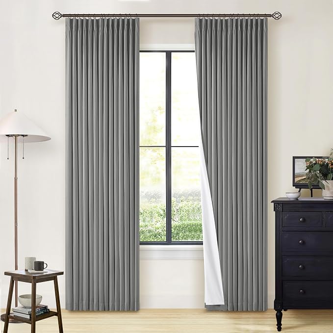 Grey Pinch Pleated 100% Blackout Linen 80 Inch Window Curtains 2 Panels Set | by Twodrapes